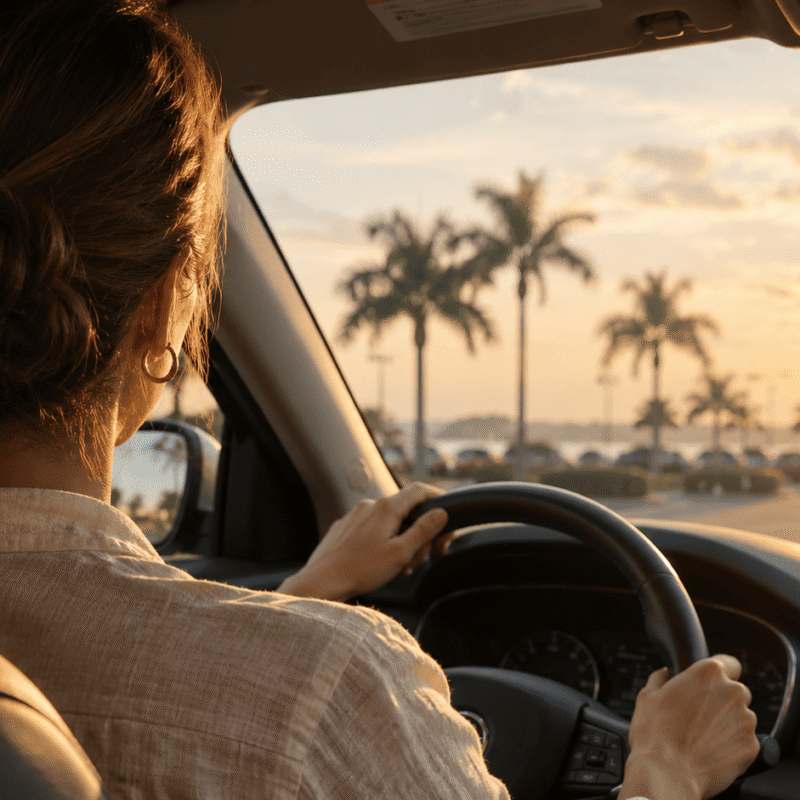 Golden Hour Drive Beneath Palm Trees