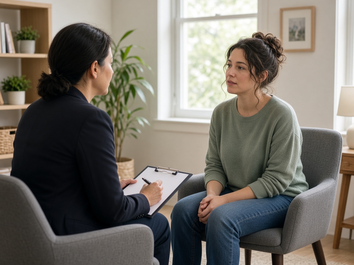 Clinician talking with an adult client during a LOCUS level of care assessment