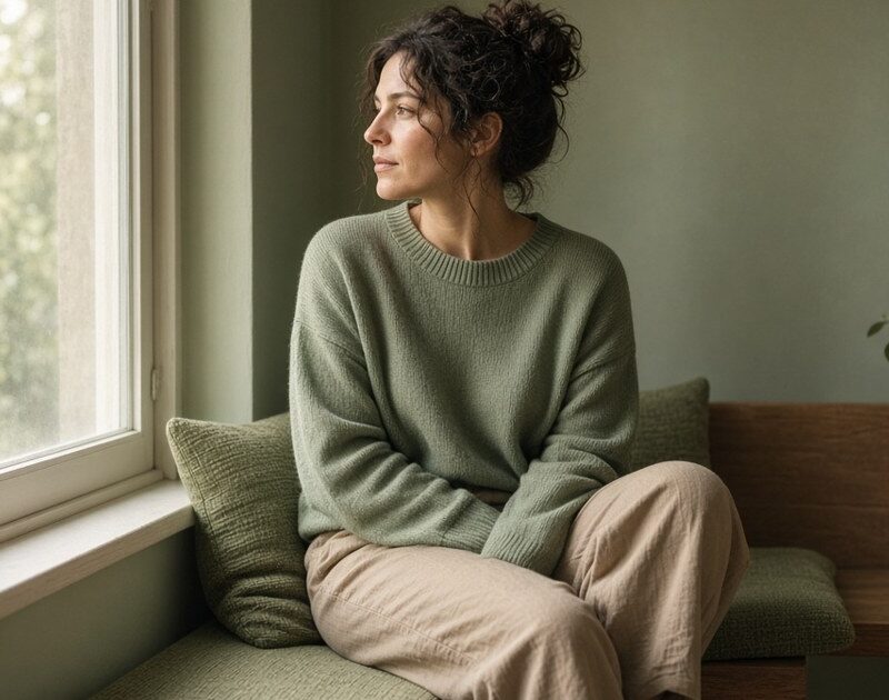 Adult sitting by a window looking thoughtful, still struggling after rehab