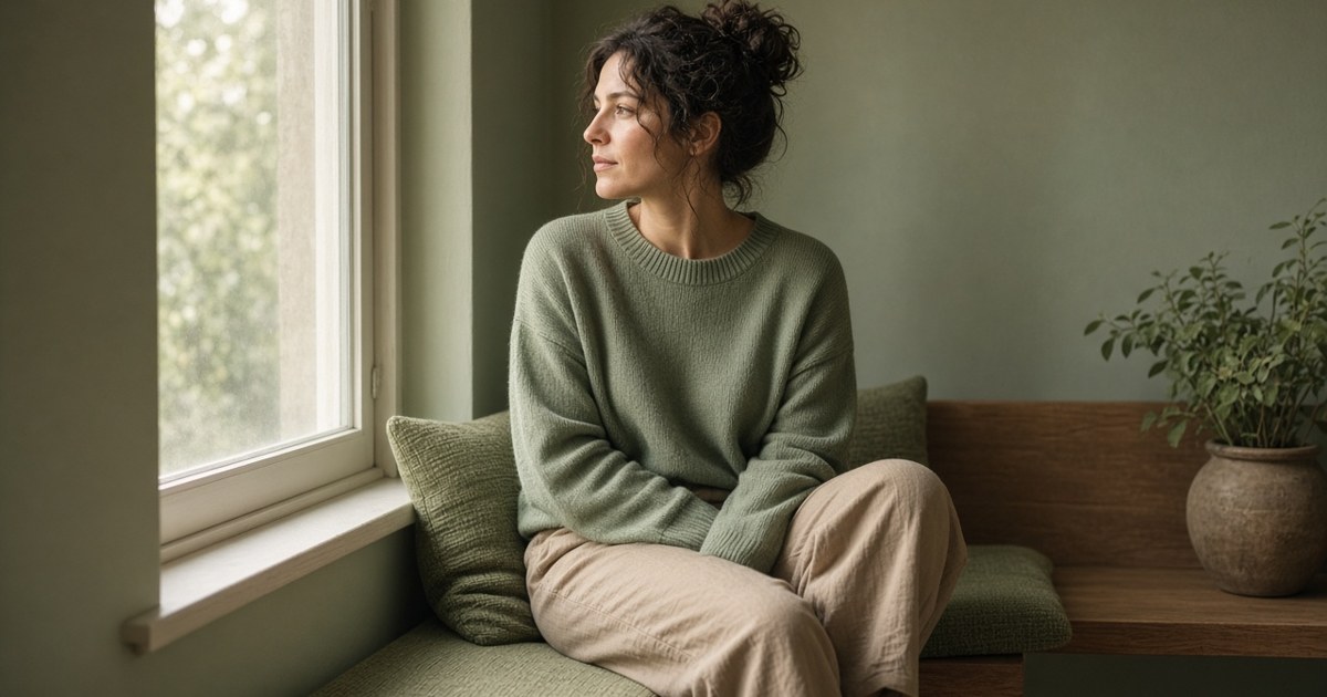 Adult sitting by a window looking thoughtful, still struggling after rehab