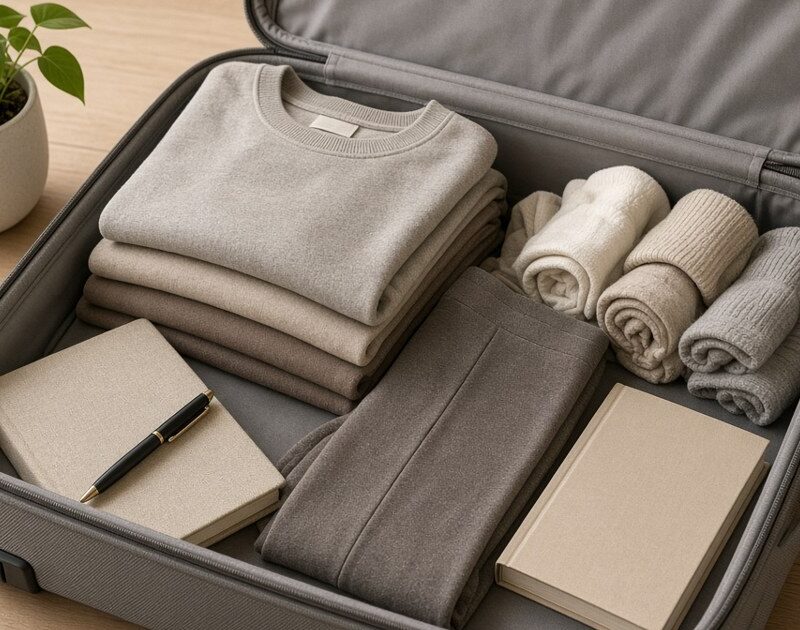 Open suitcase packed with comfortable clothes, a journal and a book for residential mental health treatment