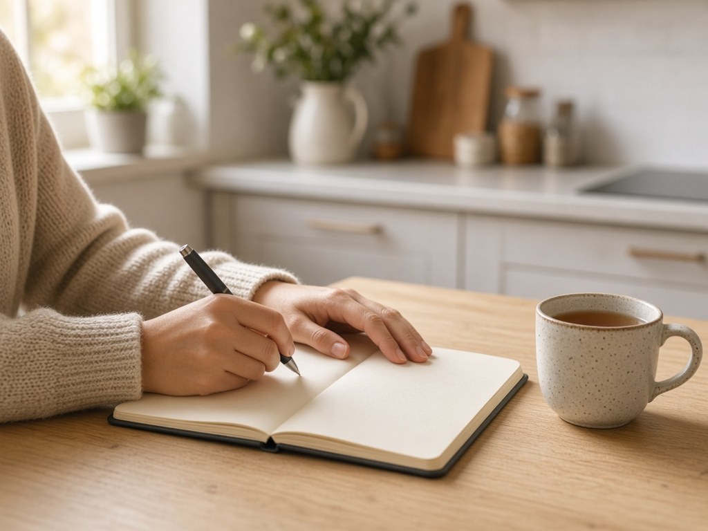Person writing in a journal at a kitchen table, reflecting on recovery and mental health