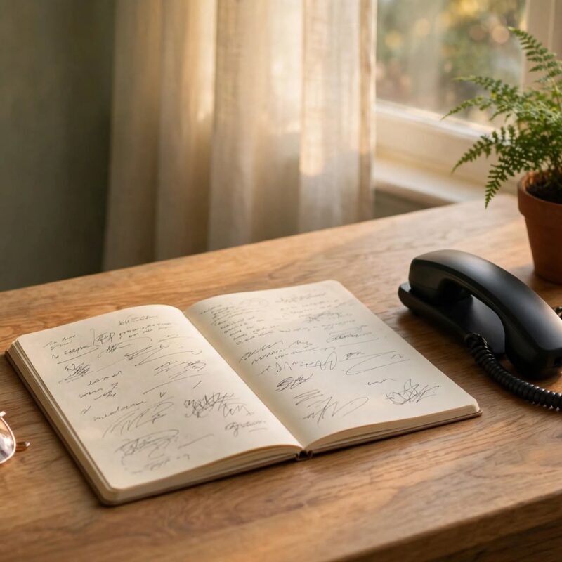 Open notebook and telephone on a wooden desk by a window