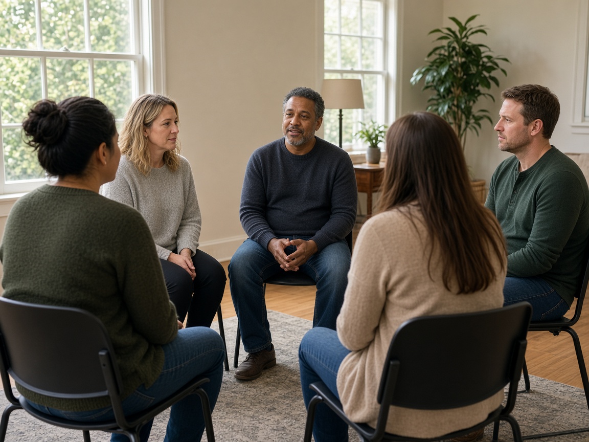Adults in a group therapy session at a LOCUS Level 5 residential treatment program