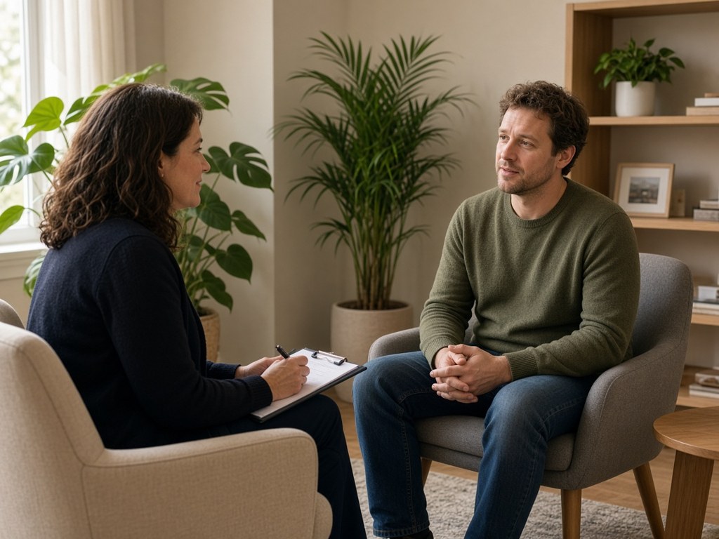 Clinician and client talking during a psychiatric evaluation for dual diagnosis treatment